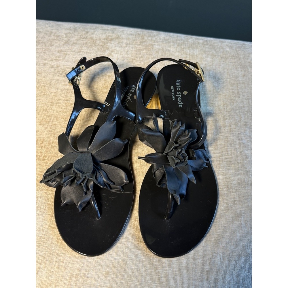 Kate Spade New York Black Floral Jelly Sandals Gold Heel Women's Size 6